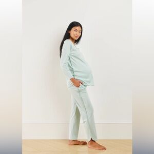 LAKE Pima Crew Long Pajama Set in Parisian Green Stripes